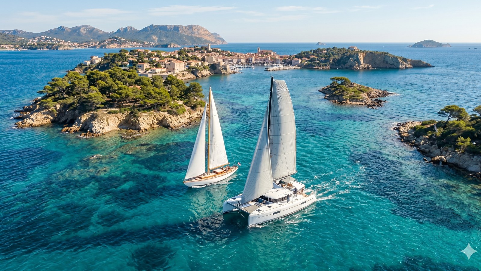 Sailing yachts cruising through crystal-clear Asian waters